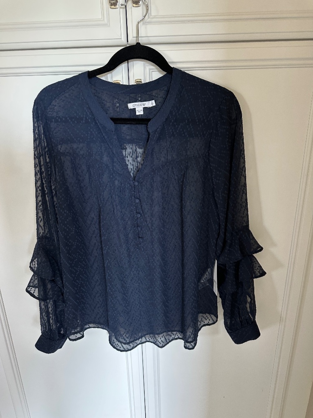 Chico’s Sheer Classic Navy Ruffle Sleeve Blouse NWT Size 2 US12